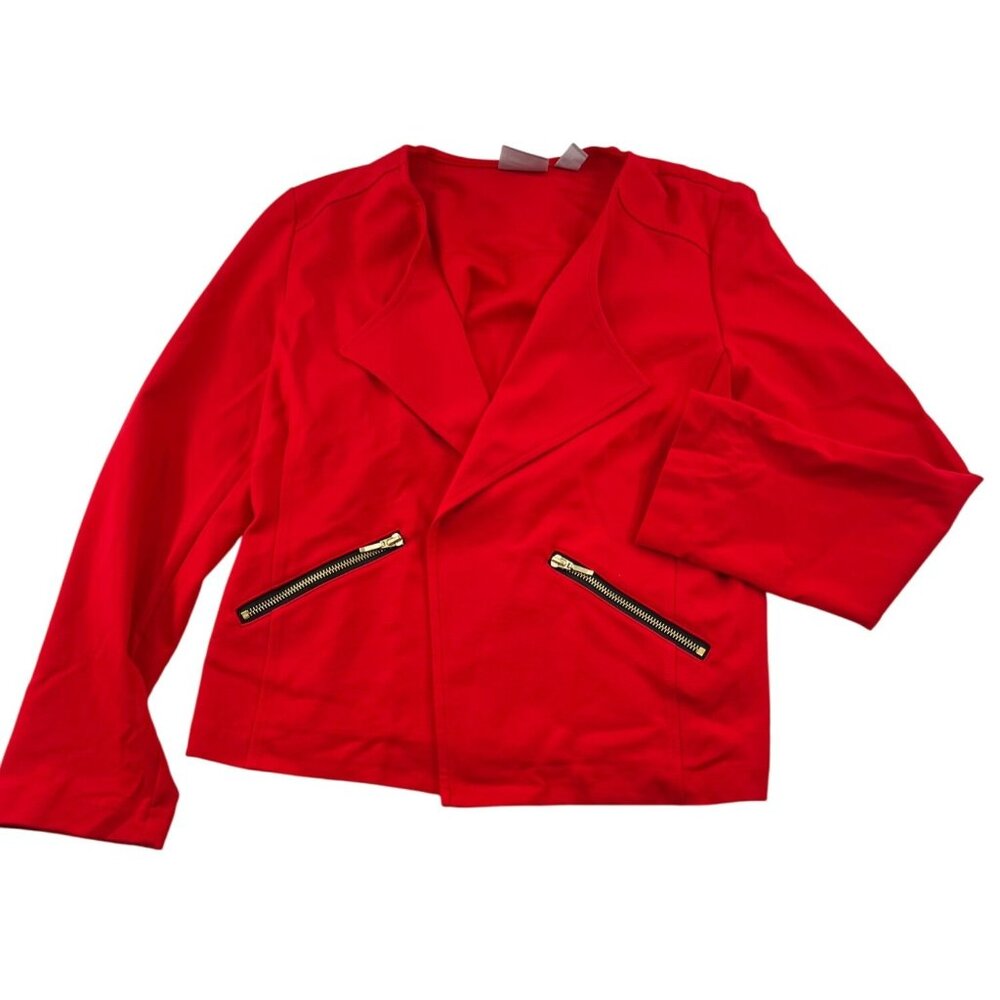 Chicos‎ Women's Red Open Front Blazer Jacket With Zipper Pockets Size 1 Medium
